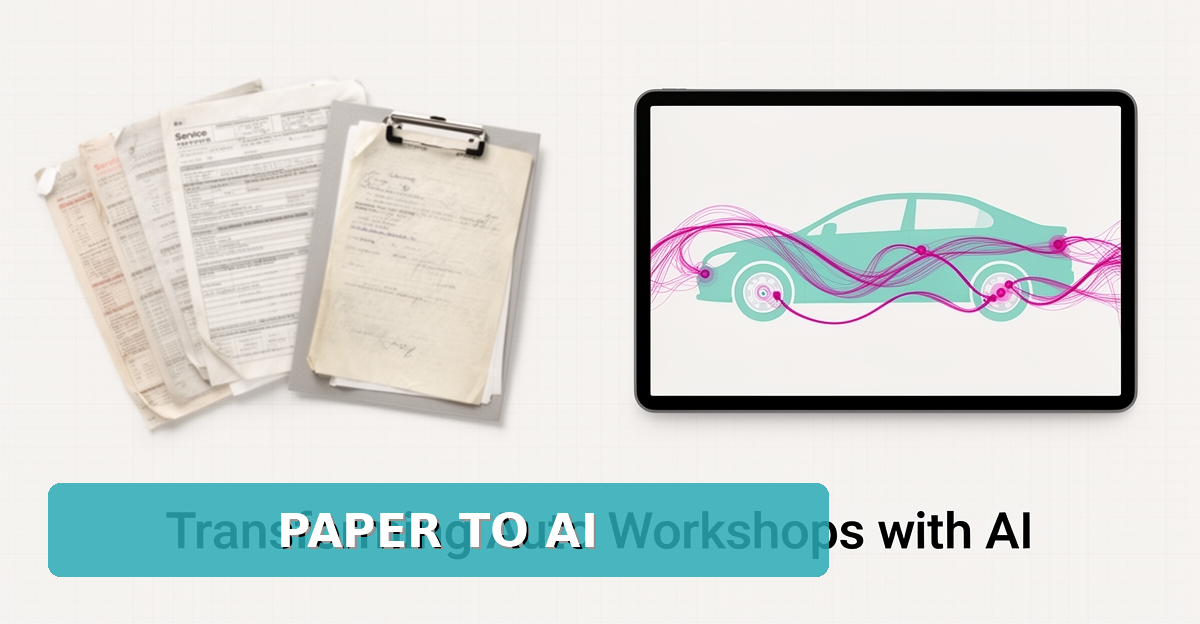 Flat illustration of paper service logbooks transforming into an AI-powered digital vehicle history interface in teal and magenta.