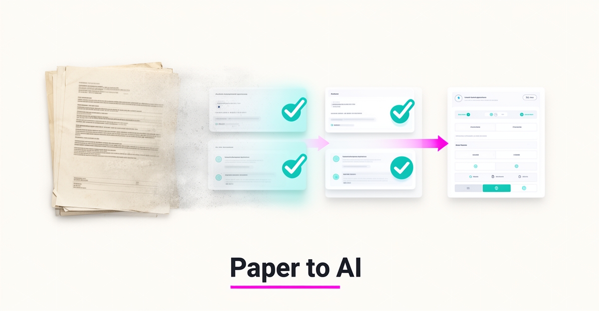 Flat illustration of paper lease agreements transforming into digital AI-processed documents with teal and magenta accents, headline reading Paper to AI.