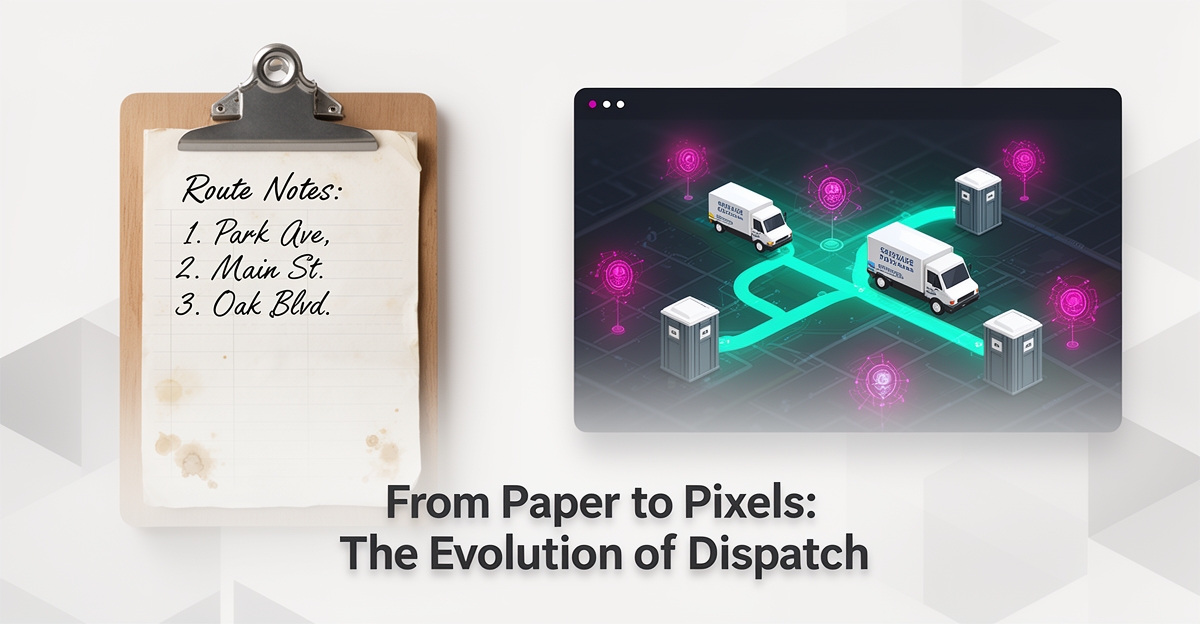 Flat illustration of a paper dispatch log transforming into an AI-powered digital routing dashboard with teal and magenta accents, titled Paper to AI.