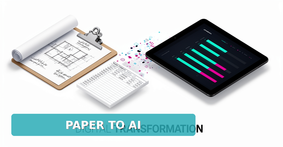 Flat illustration of paper project logs transforming into a digital AI dashboard for construction tracking, accented in teal and magenta.