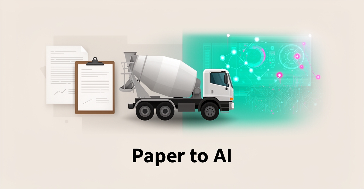 Flat illustration of a concrete mixer truck transitioning from paper documents to glowing AI dashboards in teal and magenta.