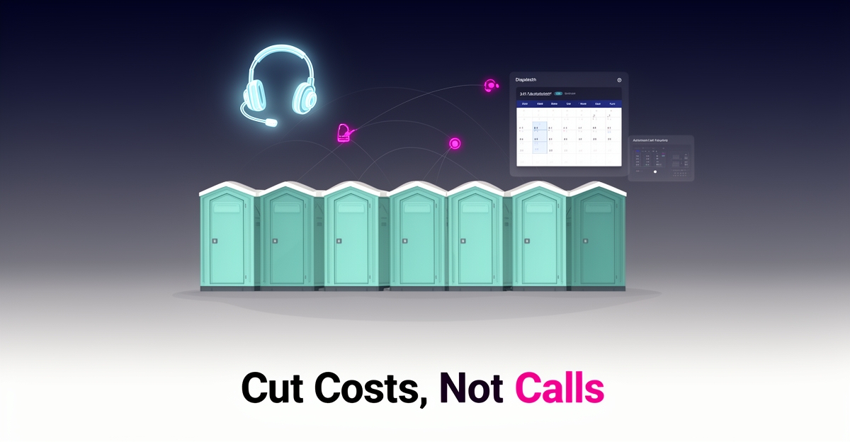 Flat illustration of portable toilets connected by glowing lines to an AI dispatch dashboard, symbolizing 24/7 automated customer service.