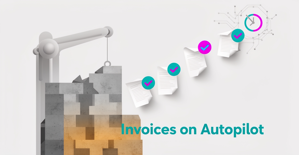 Flat illustration of demolition site with invoices transforming into digital payments, headlined Invoices on Autopilot.