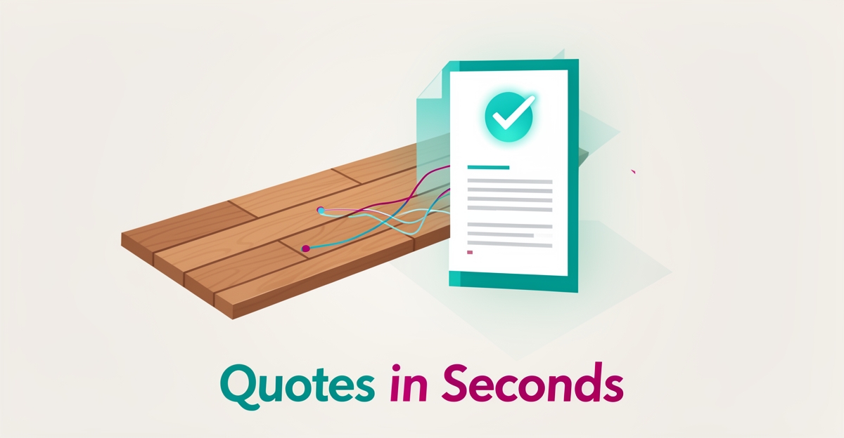 Flat illustration of hardwood planks transforming into an automated digital quote document with teal and magenta accents.