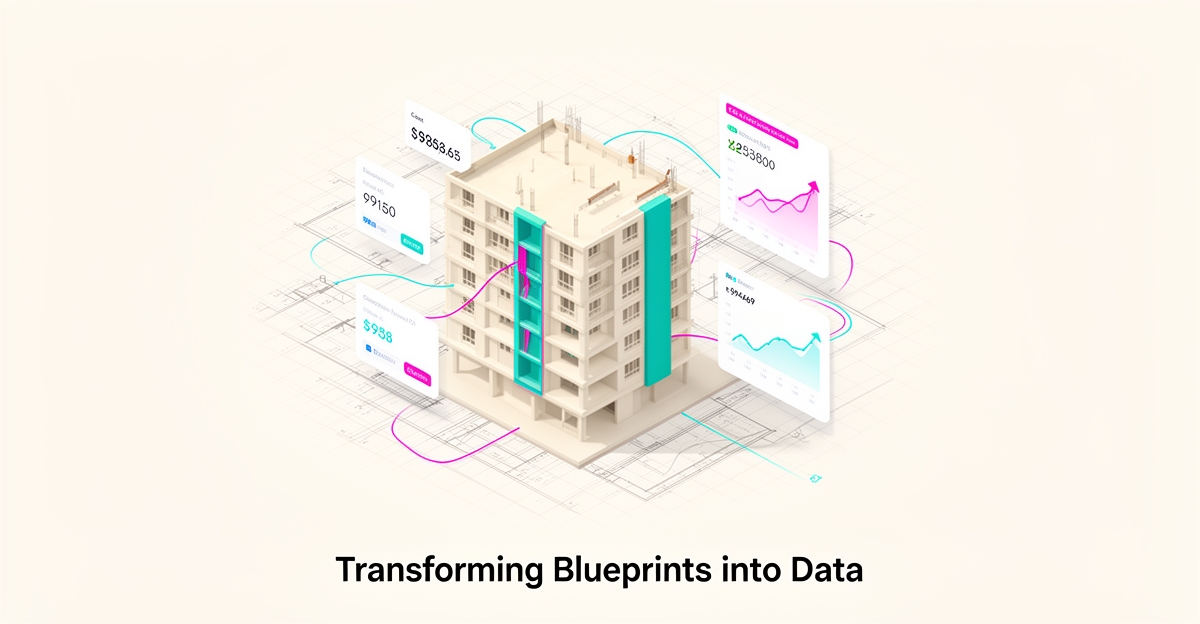 Flat illustration of a construction blueprint merging with a real-time AI pricing dashboard in teal and magenta accents.