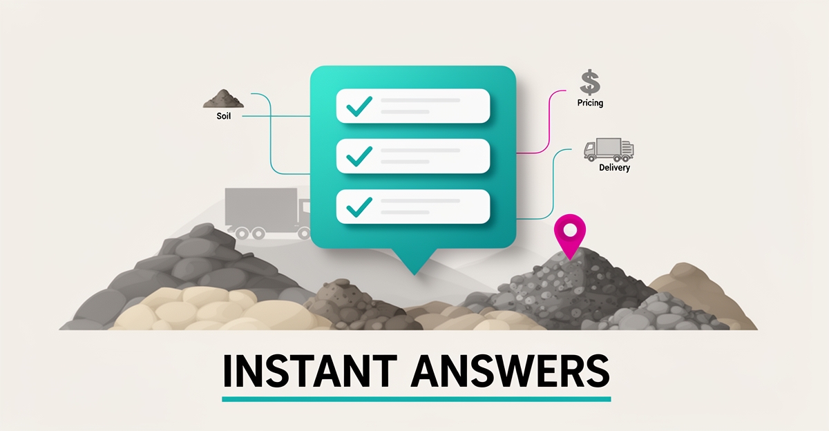 Flat illustration of an AI chatbot instantly answering gravel delivery and pricing inquiries over an abstract quarry scene.