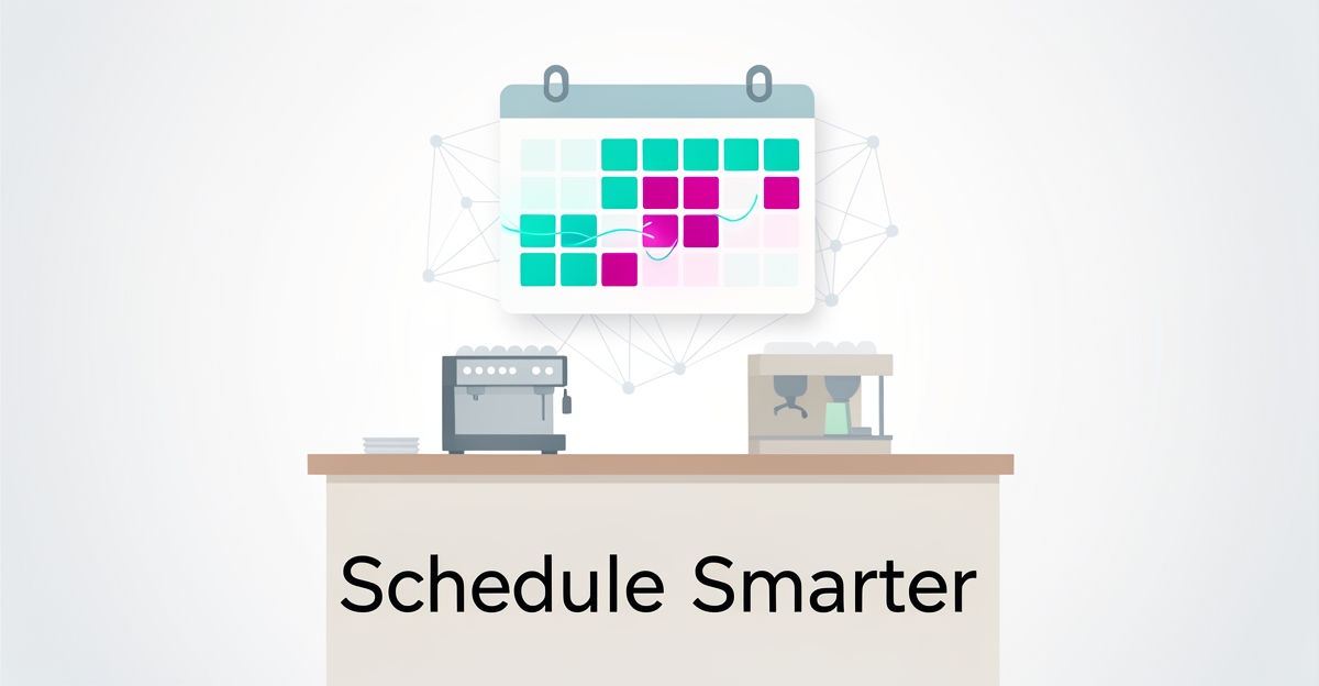 Flat illustration of an AI digital calendar automatically filling restaurant shift schedules above a stylized fast-casual counter with teal and magenta accents.