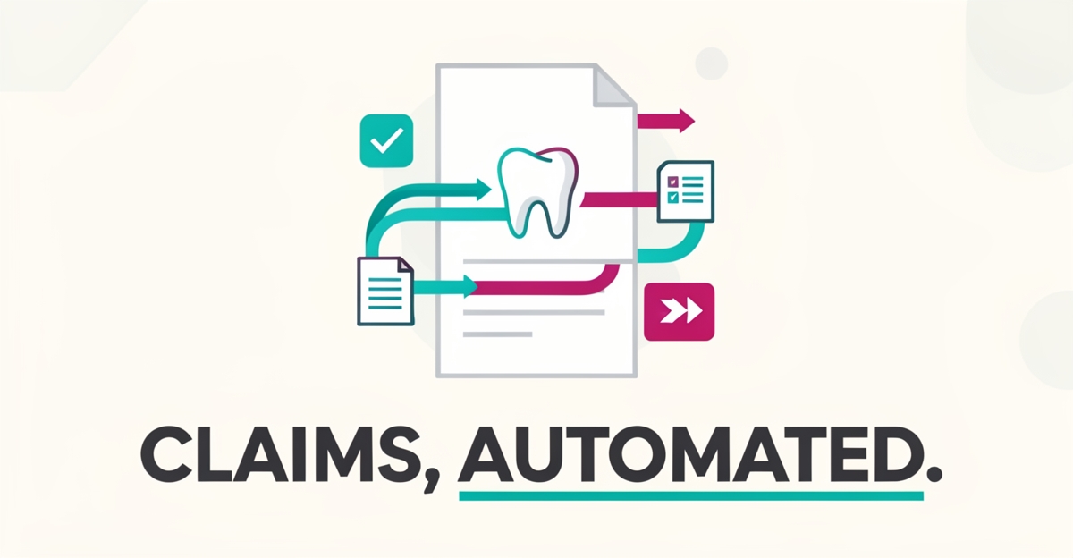 Flat illustration of a dental insurance claim transforming into automated data with teal and magenta accents, headlined 'Claims, Automated.'