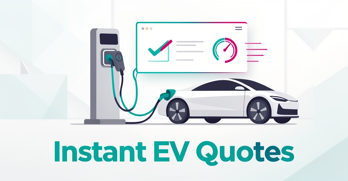 Flat illustration of an EV charging station with automated digital quote document, headline reading Instant EV Quotes.