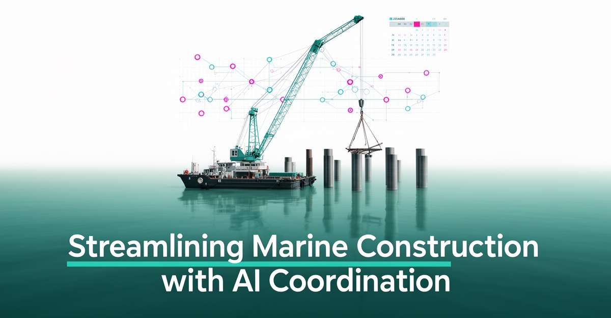 Flat illustration of a crane barge with digital scheduling grid lines overhead, symbolizing AI-optimized crew deployment in marine construction.