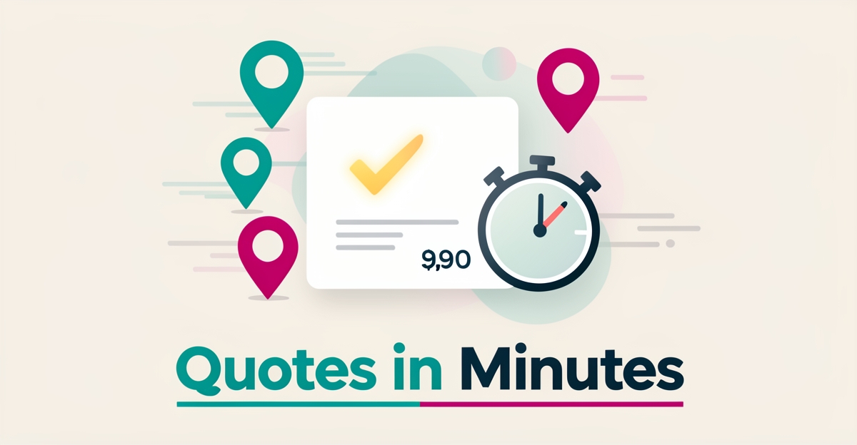 Flat illustration of an AI dashboard instantly generating a localized deep cleaning quote with map pins and speed accents.