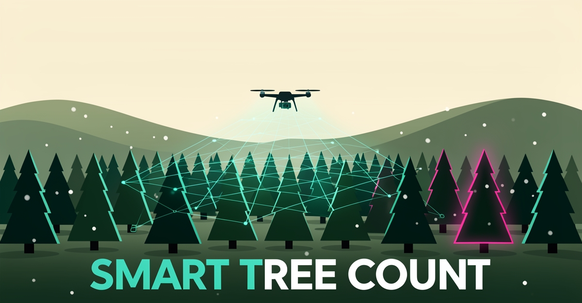 Flat illustration of a drone scanning rows of Christmas trees with AI data overlays in teal and magenta, headlined Smart Tree Count.