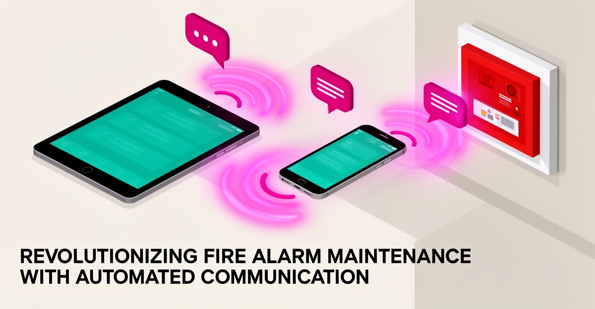 Flat illustration of a fire alarm panel and devices connected by glowing teal and magenta signal waves with the headline Smarter Fire Safety.