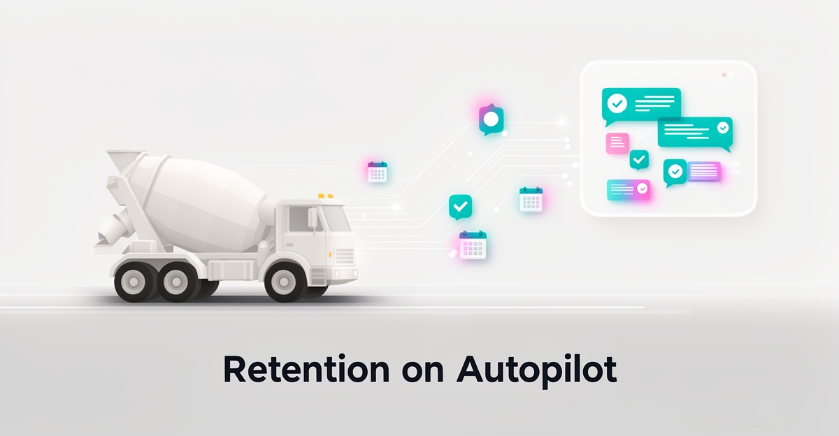 Flat illustration of a concrete mixer truck linked by glowing AI notification nodes to a dashboard, with the headline Retention on Autopilot.