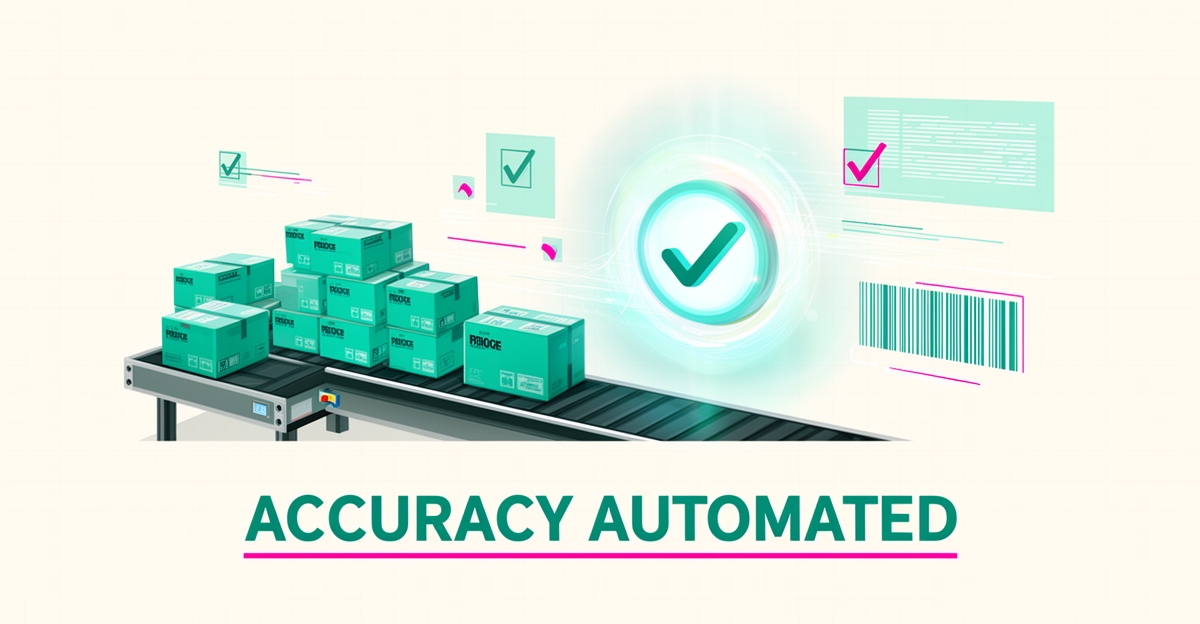 Flat illustration of a promotional product conveyor with digital validation checkmark in teal and magenta, headline reading Accuracy Automated.