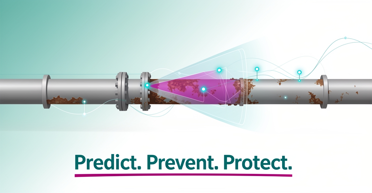 Flat illustration of a pipeline being scanned by an AI predictive analysis lens highlighting a corrosion risk in teal and magenta accents.