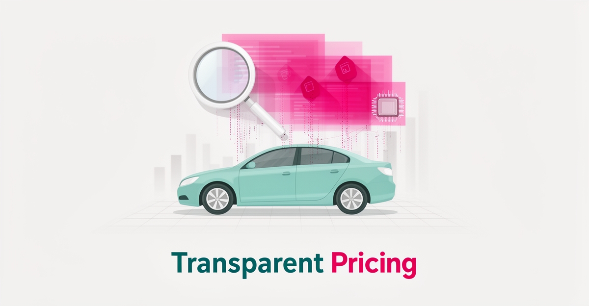 Flat illustration of a car being scanned by an AI data lens, symbolizing transparent AI-driven vehicle pricing and valuation.
