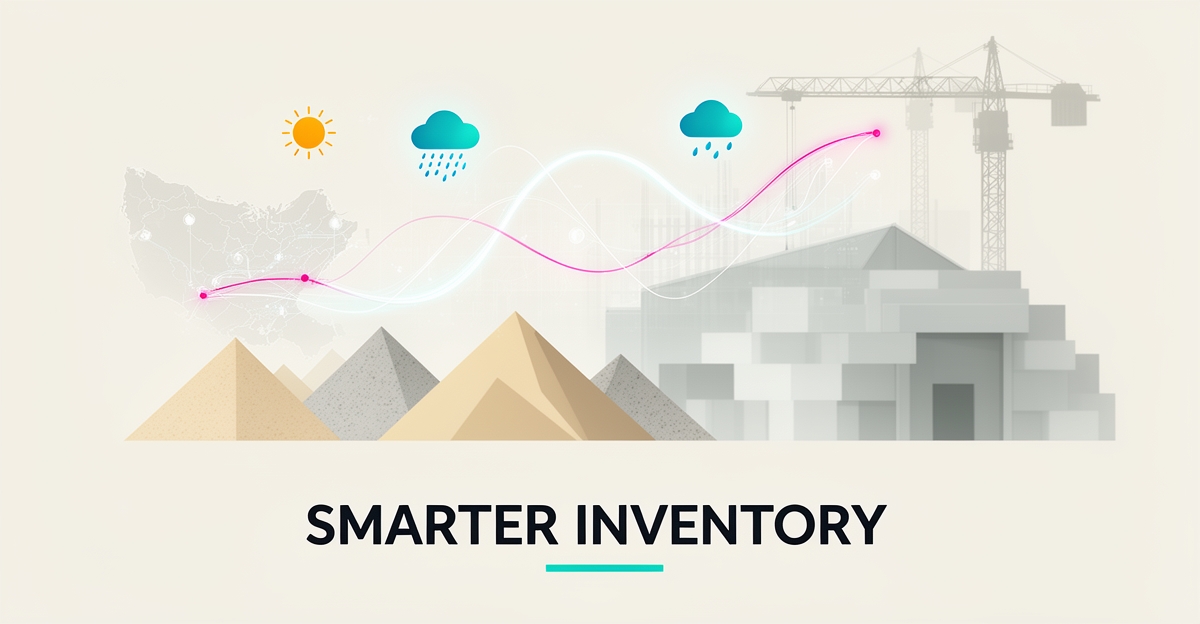 Flat illustration of aggregate stockpiles and a warehouse linked by AI forecast lines from weather and construction data, with headline Smart Inventory.