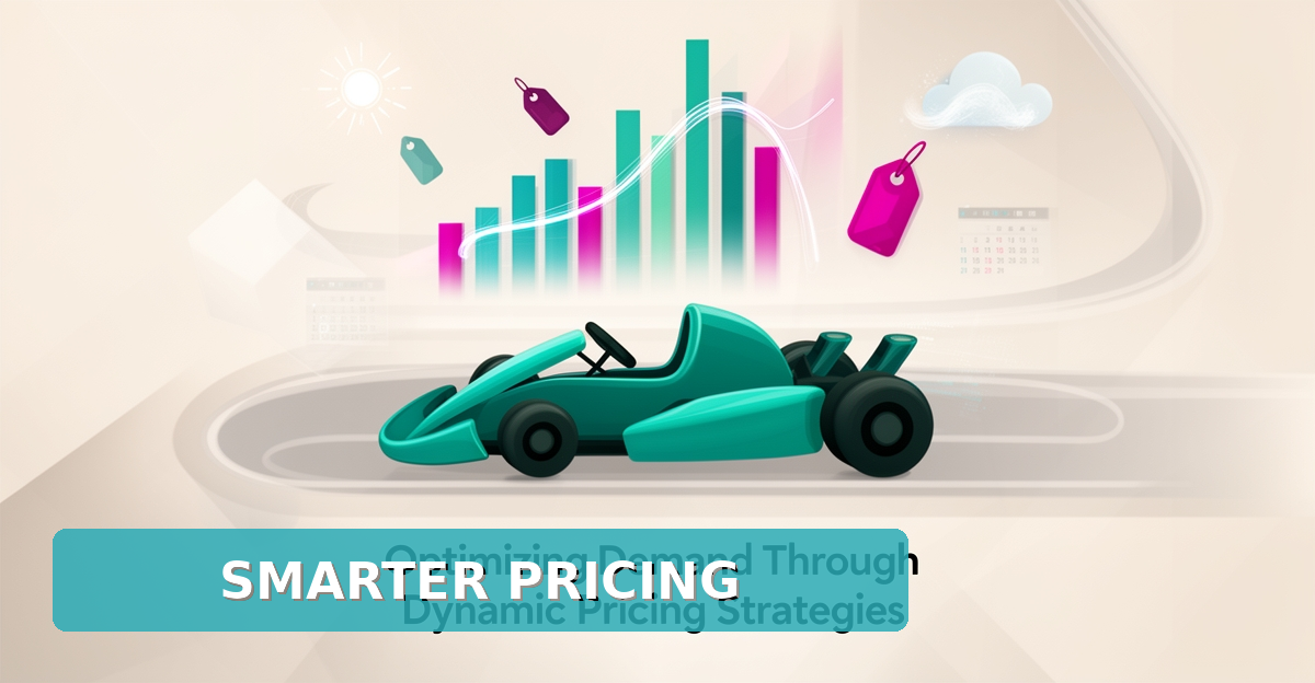 Flat illustration of a go-kart on a track with AI-driven demand charts and dynamic pricing icons in teal and magenta.