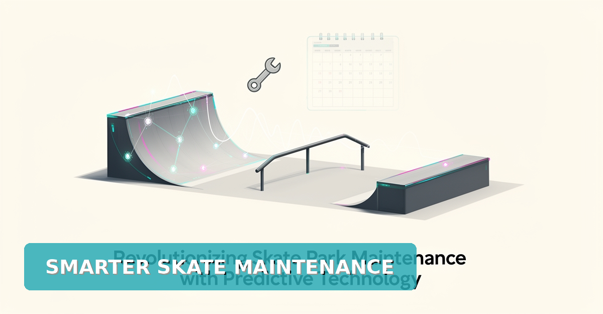 Flat illustration of a skate park ramp with sensor nodes and maintenance icons, accented in teal and magenta.