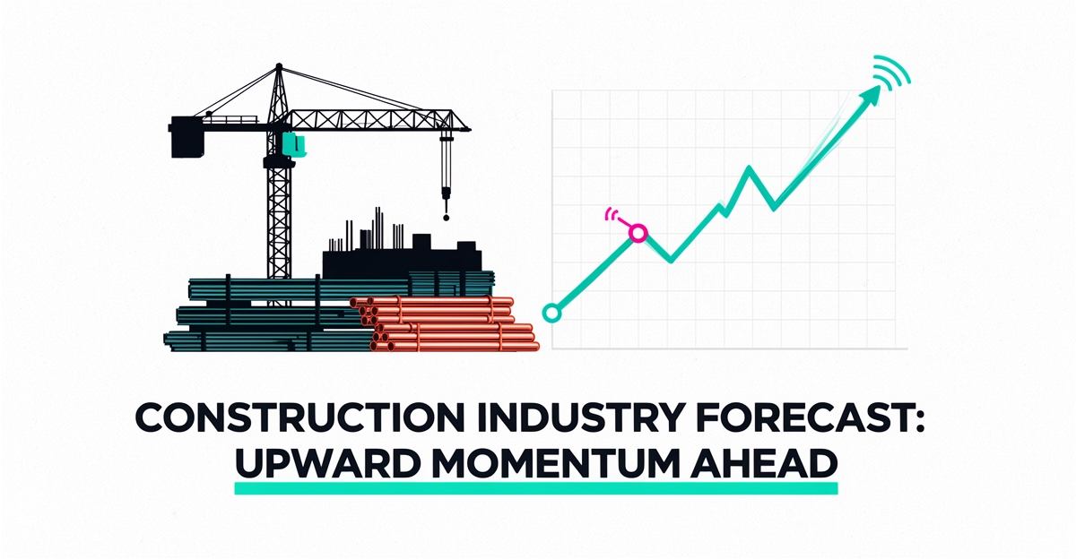 Flat illustration of construction materials beside a teal AI forecast chart predicting price fluctuations, with headline Predict Price Shifts.