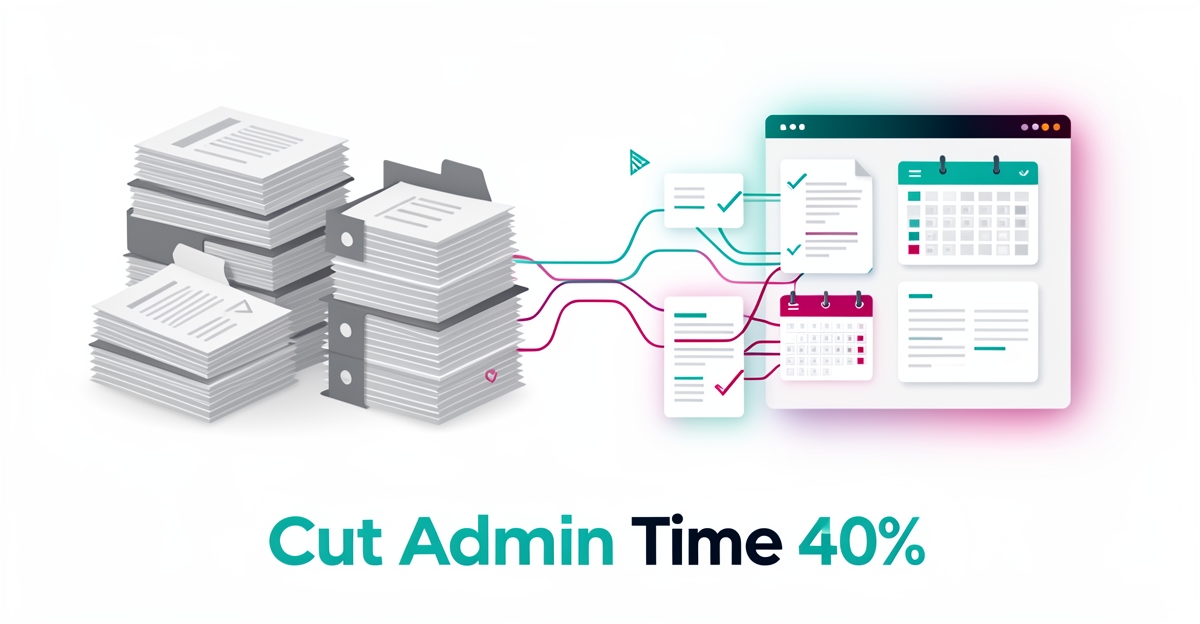 Flat illustration of clinic paperwork transforming into streamlined AI-automated digital workflow with teal and magenta accents.