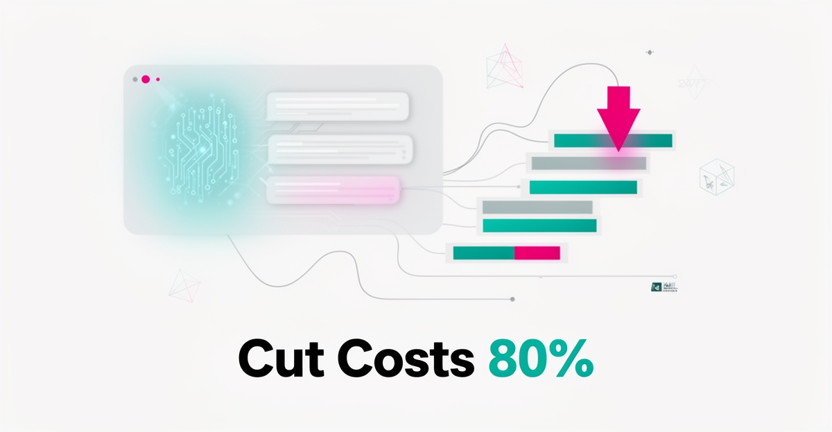 Flat illustration of an AI support agent automating equipment sales inquiries, with cost dropping 80 percent in teal and magenta accents.
