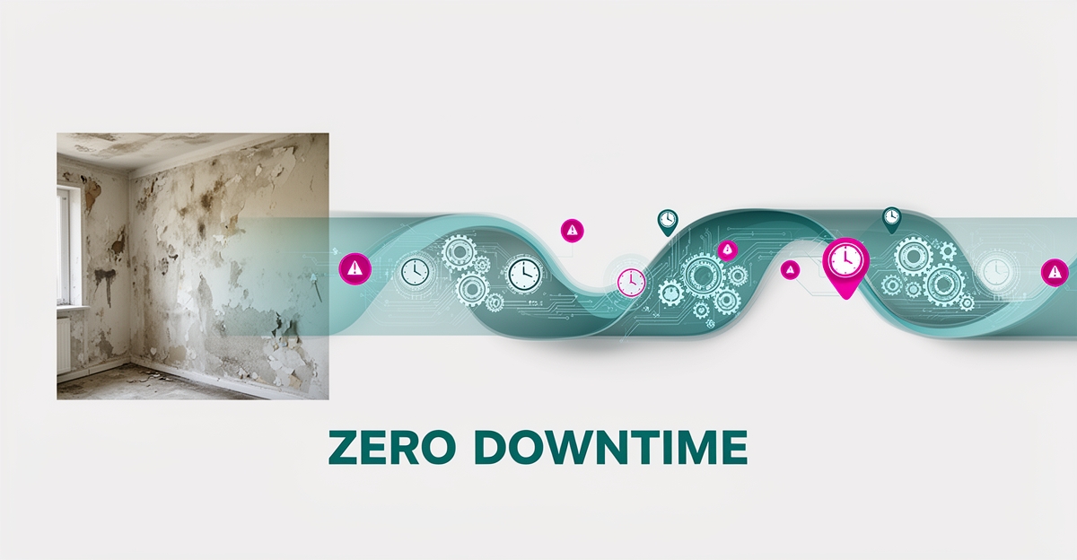 Flat illustration of an AI-monitored restoration workflow timeline with teal and magenta accents, headline reading Zero Downtime.