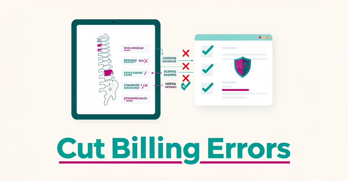 Flat illustration of AI transforming chiropractic billing errors into clean, HIPAA-compliant treatment records with teal and magenta accents.