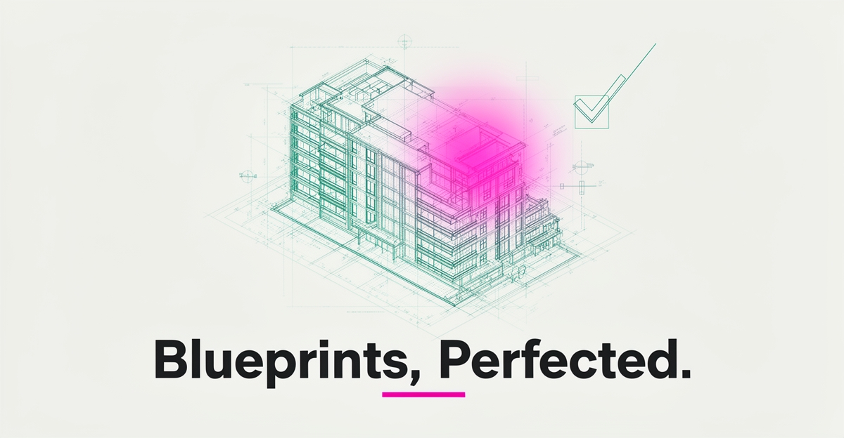 Flat illustration of a blueprint being scanned by AI with a highlighted error detection point in teal and magenta brand colors.