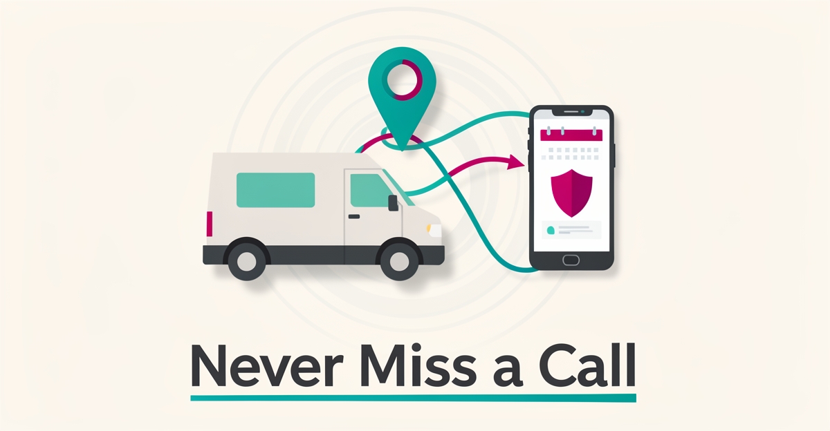Flat illustration of a service van, location pin, and smartphone reminder connected by a route line, symbolizing AI scheduling for security installers.