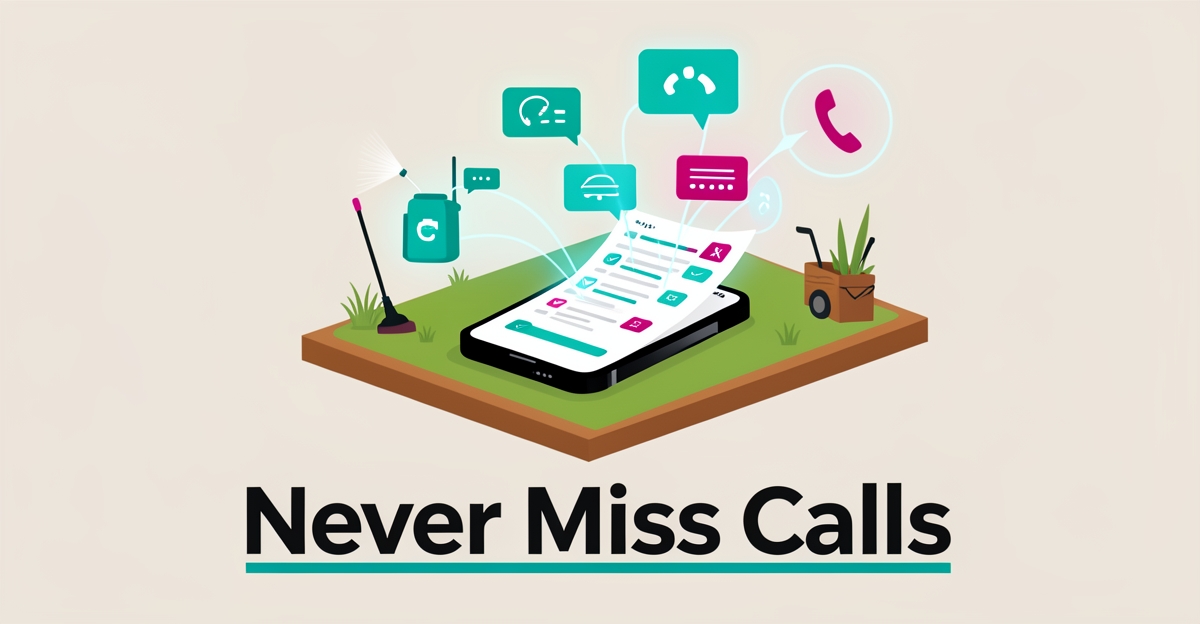 Flat illustration of a smartphone routing weed control service calls into an organized AI call log with teal and magenta accents.
