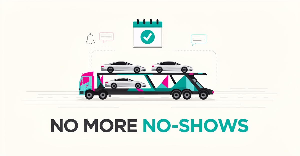 Flat illustration of a car hauler truck with AI reminder icons and the headline No More No-Shows.