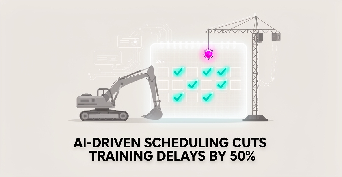 Flat illustration of an excavator beside a glowing digital calendar with AI-filled scheduling slots in teal and magenta accents.