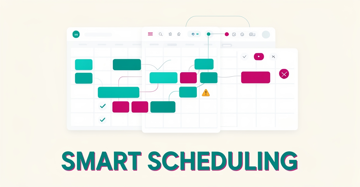Flat illustration of connected calendar panels syncing nanny availability in real time, accented in teal and magenta with the headline Smart Scheduling.