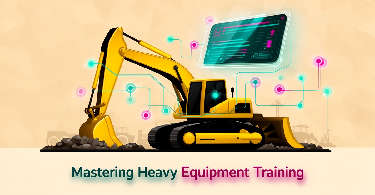 Flat illustration of heavy equipment machinery with AI data overlays in teal and magenta, symbolizing personalized adaptive training, with headline text in the lower third.