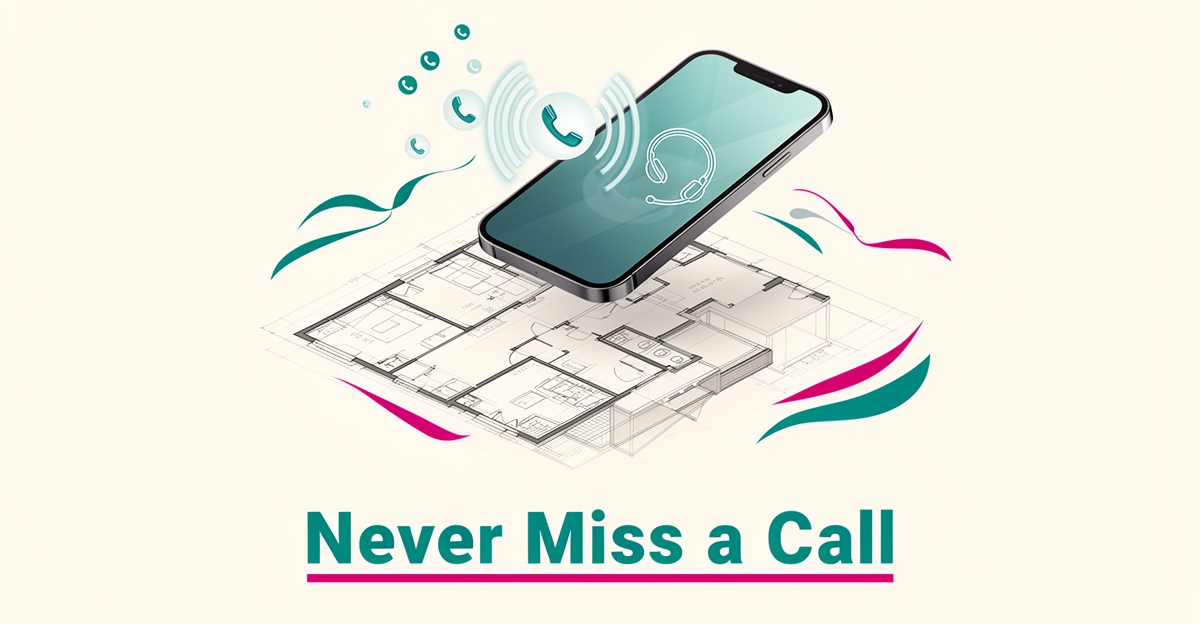 Flat illustration of a smartphone with call waves over a home blueprint, accented in teal and magenta, with headline Never Miss a Call.