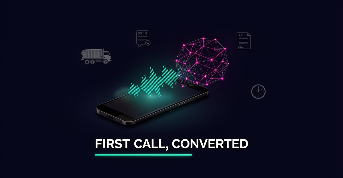 Flat illustration of a smartphone with an AI voice assistant answering a call, capturing concrete quote requests with teal and magenta accents.