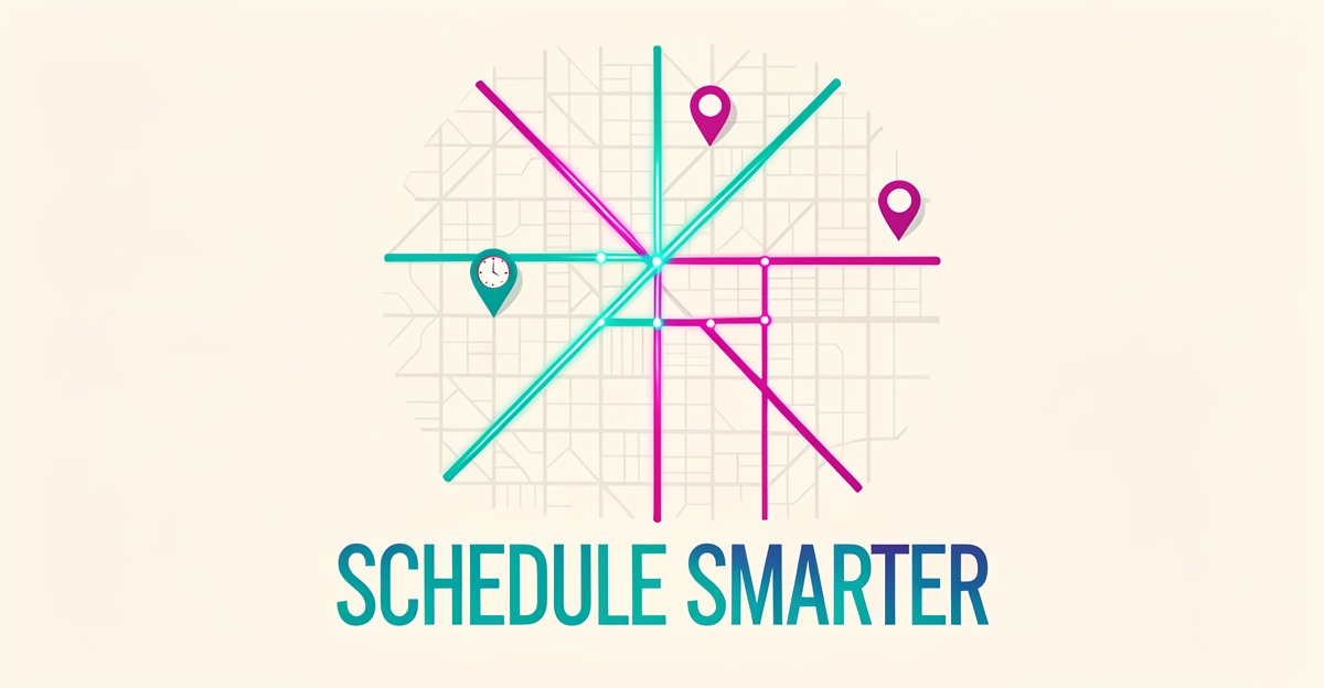 Flat illustration of a tile-grid city map with glowing optimized route paths and scheduling pins in teal and magenta, headlined Schedule Smarter.