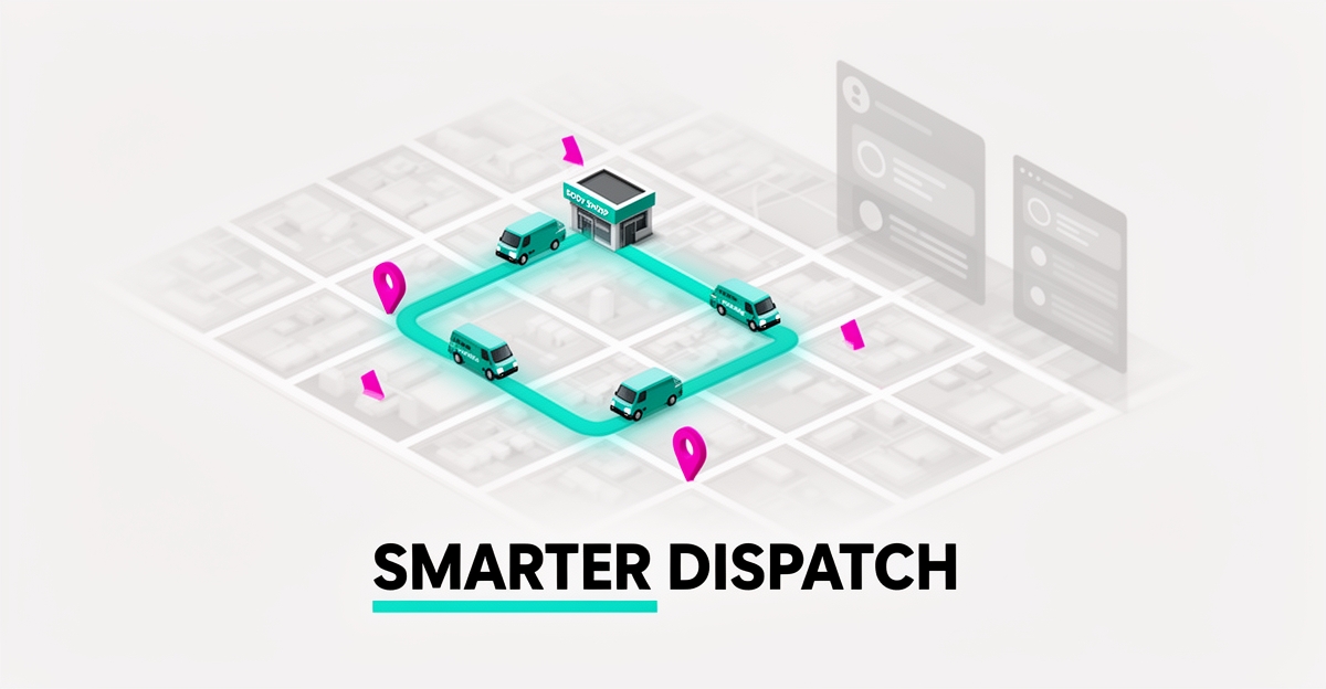 Flat illustration of a GPS map showing an optimized dispatch route connecting a body shop to mobile technician vans in teal and magenta accents.