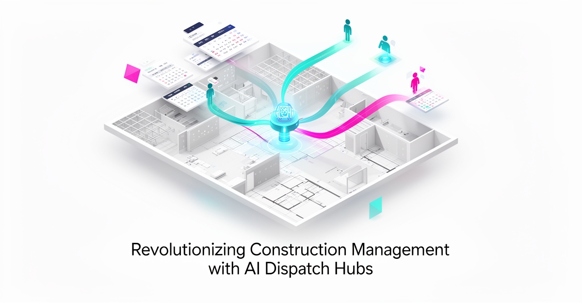 Flat illustration of an AI dispatch hub connecting scheduling nodes to a tenant improvement construction site in teal and magenta.