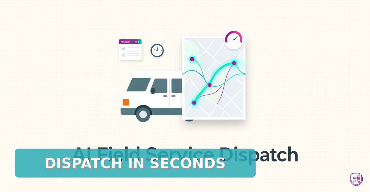 Flat illustration of AI-powered field service dispatch with map routes and van icon using teal and magenta accents.
