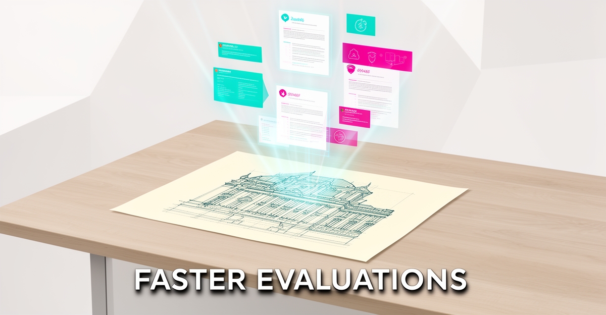 Flat illustration of a historic building blueprint transforming into AI-processed digital document cards in teal and magenta accents.
