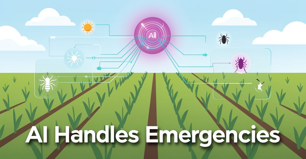 A minimalist flat illustration of a smart farm field with AI-powered data monitoring and emergency response visualization, featuring brand-colored accents and a headline in the lower third.