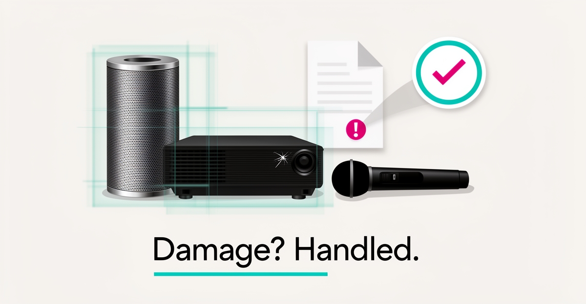 Flat illustration of AV rental equipment with AI damage scan overlay and claim checklist, headline reading Damage? Handled.