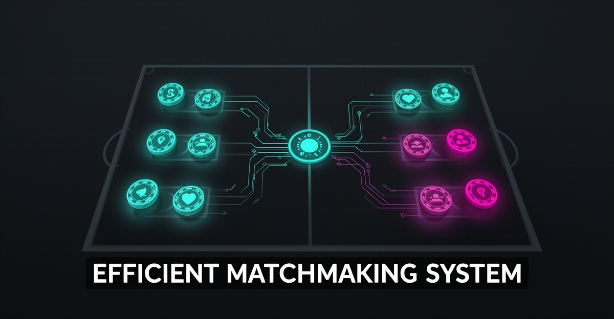 Flat illustration of an AI coordination hub streamlining game tokens into balanced match slots with teal and magenta accents.