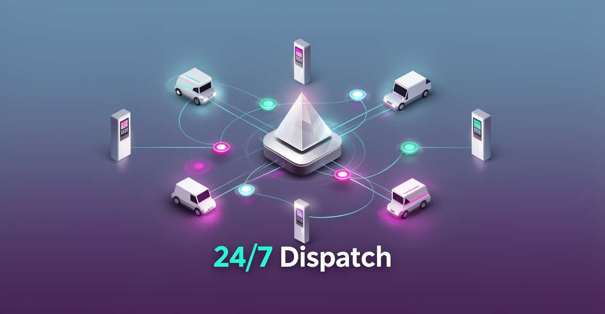 Flat illustration of an AI dispatch hub routing work orders around the clock to vehicles and technicians, accented in teal and magenta.