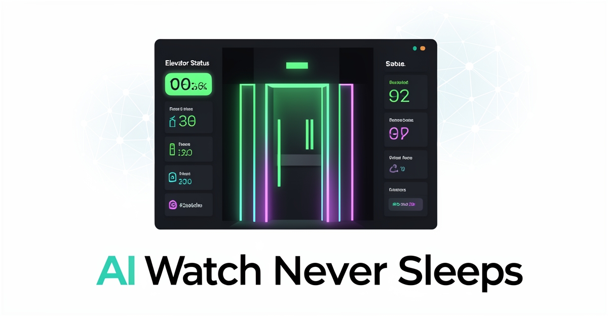 A minimalist flat illustration showing an AI-powered elevator monitoring dashboard with glowing status indicators and neural network patterns, branded with AIQ Labs colors, featuring the headline 'AI Watch Never Sleeps' in the lower third.