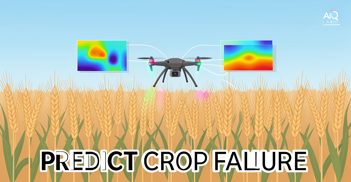 A minimalist flat illustration of a wheat field with multispectral data overlays and a data-collecting drone, featuring brand-colored accents and the headline 'Predict Crop Failure' in the lower third