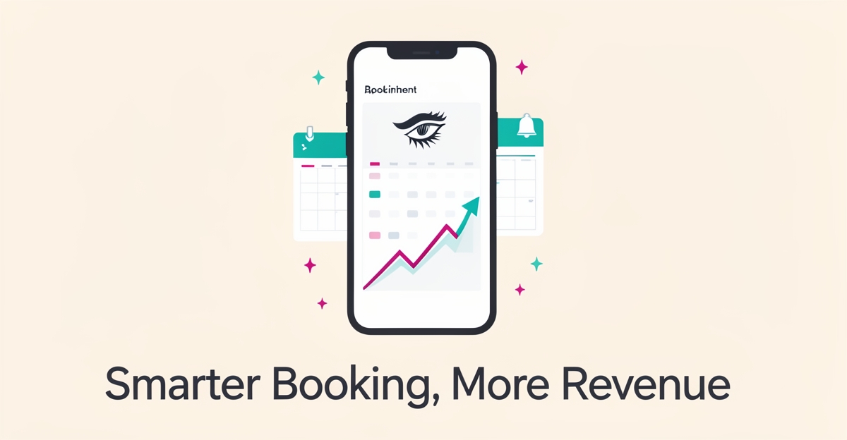 Flat illustration of a smartphone booking app with calendar and growth chart in teal and magenta, headline reading Smarter Booking, More Revenue.